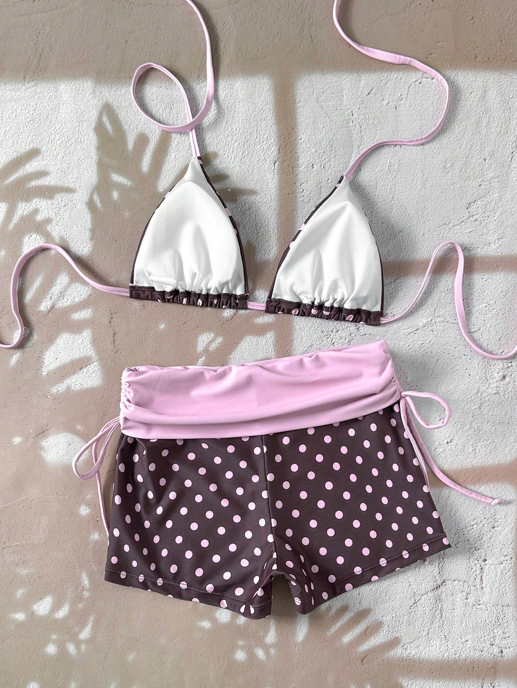 Swim Mod 2026 Women Swimwear 2 Pieces Set,Brown And Yellow Polka