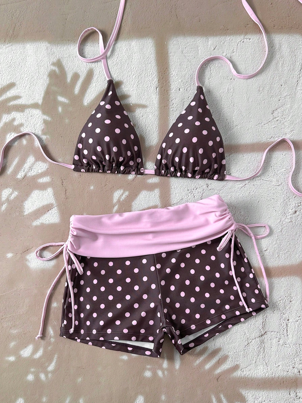 Swim Mod 2026 Women Swimwear 2 Pieces Set,Brown And Yellow Polka