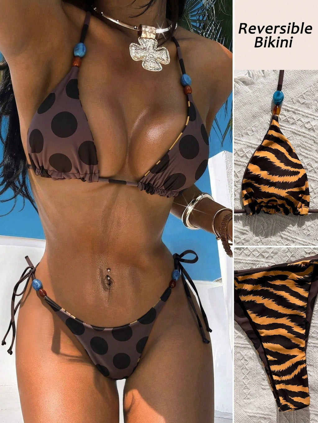 Women's Swimwear Bikini,Retro Animal Print Polka Dot Print Reversible