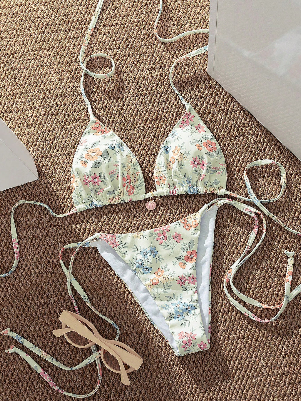 Swim Mod Multicolor Plant Pattern Fabric Halter Bikini Set Boho Style