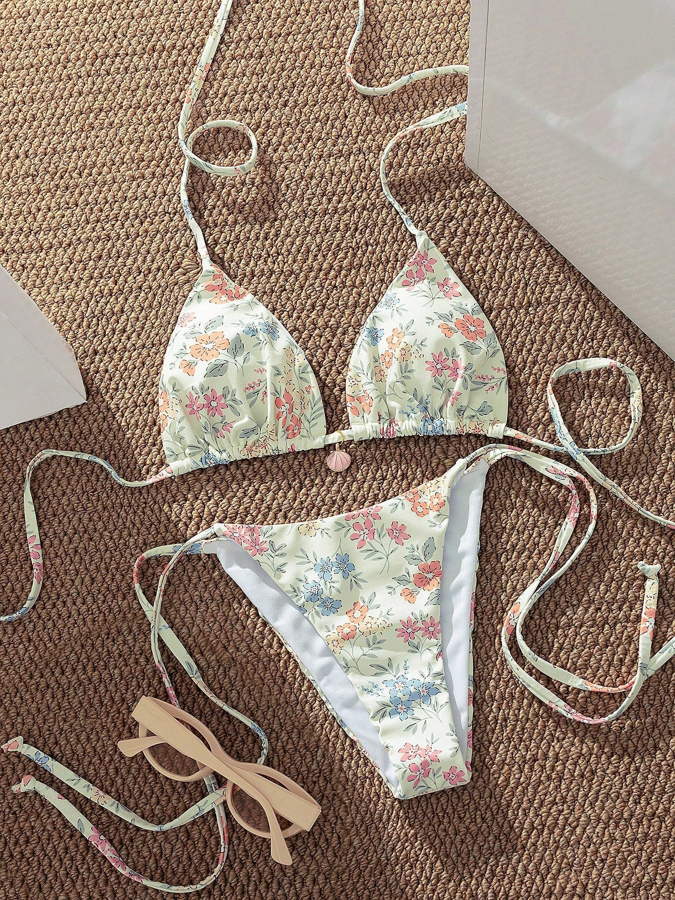 Swim Mod Multicolor Plant Pattern Fabric Halter Bikini Set Boho Style