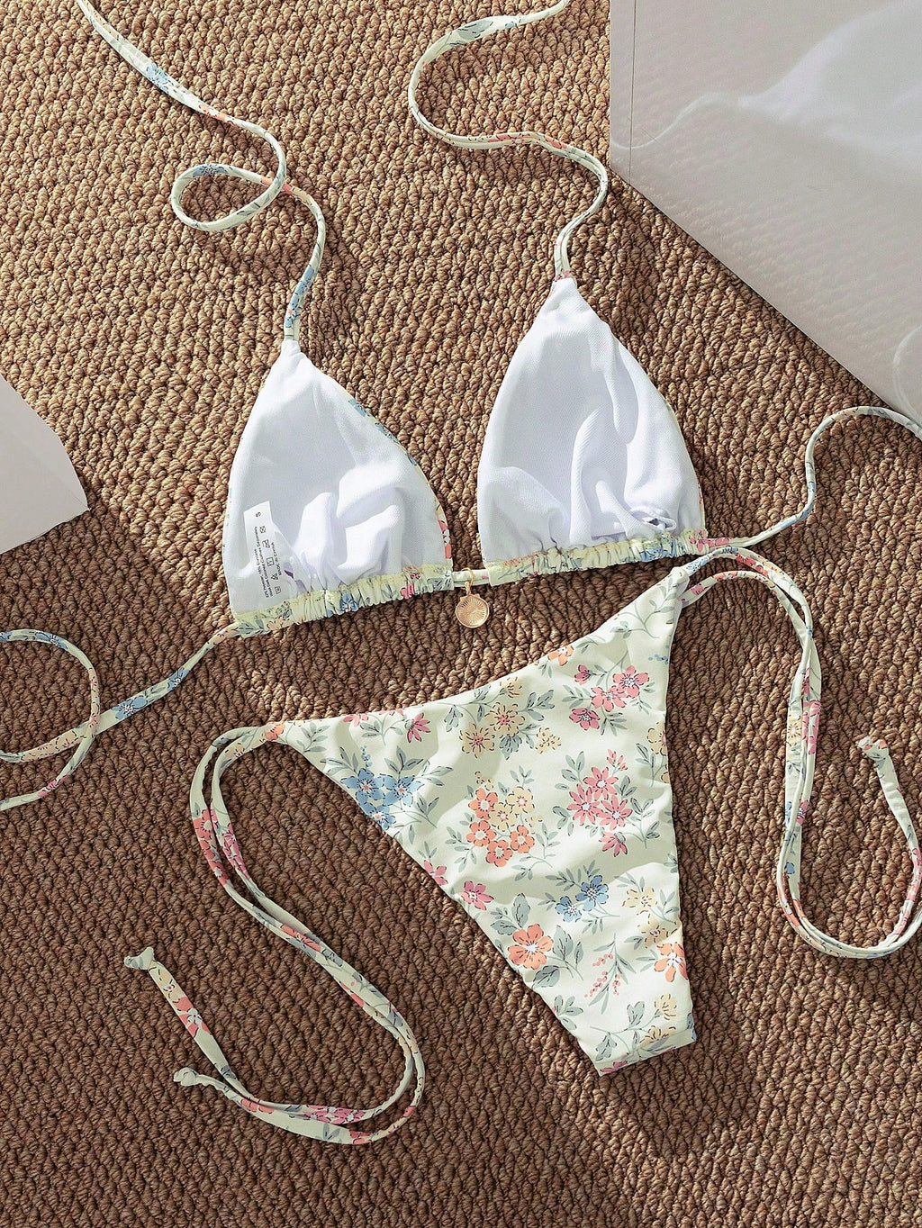 Swim Mod Multicolor Plant Pattern Fabric Halter Bikini Set Boho Style