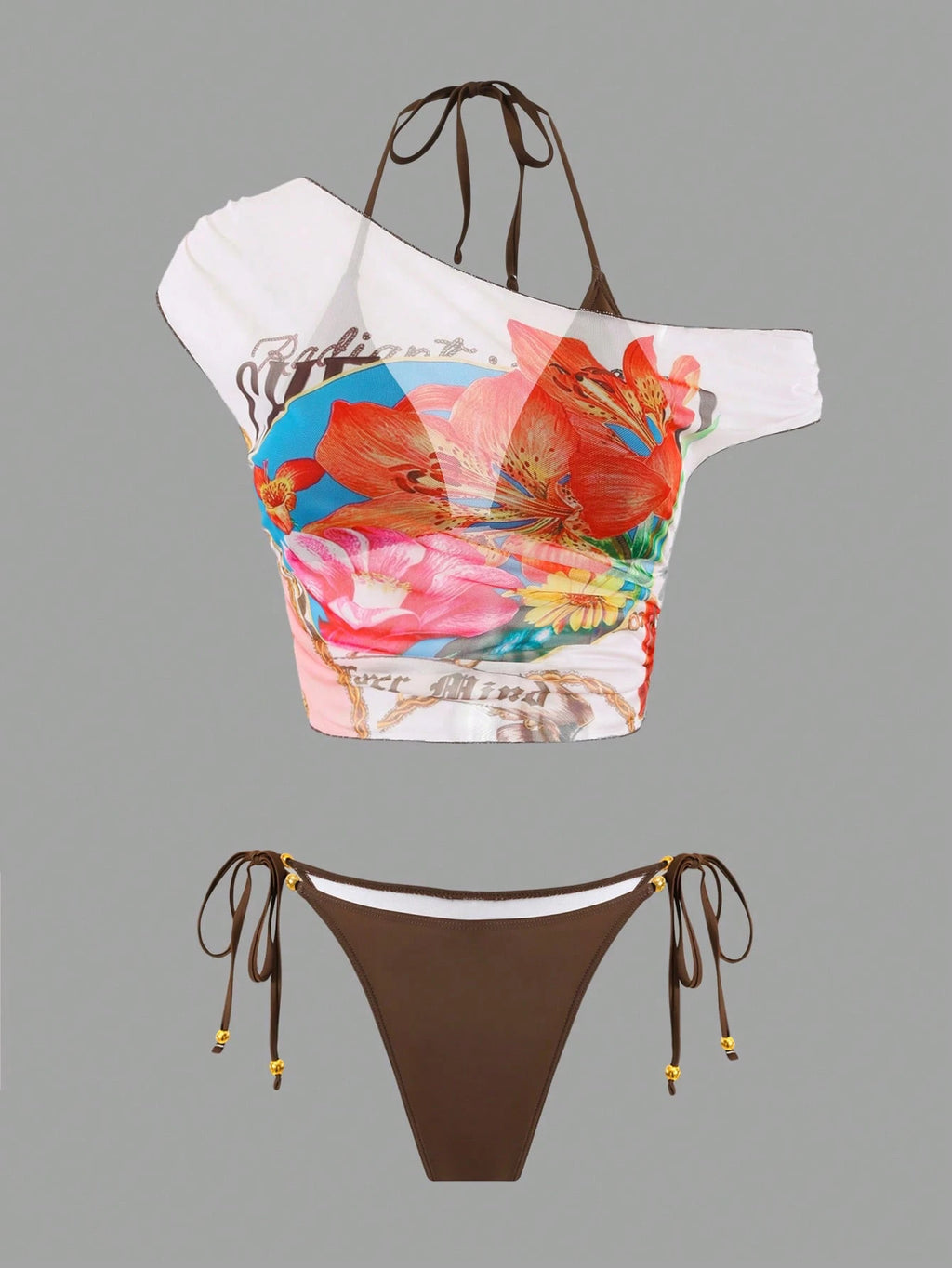 Bonvoyette Women 3-Piece White Floral Bikini Set,Brown Halter