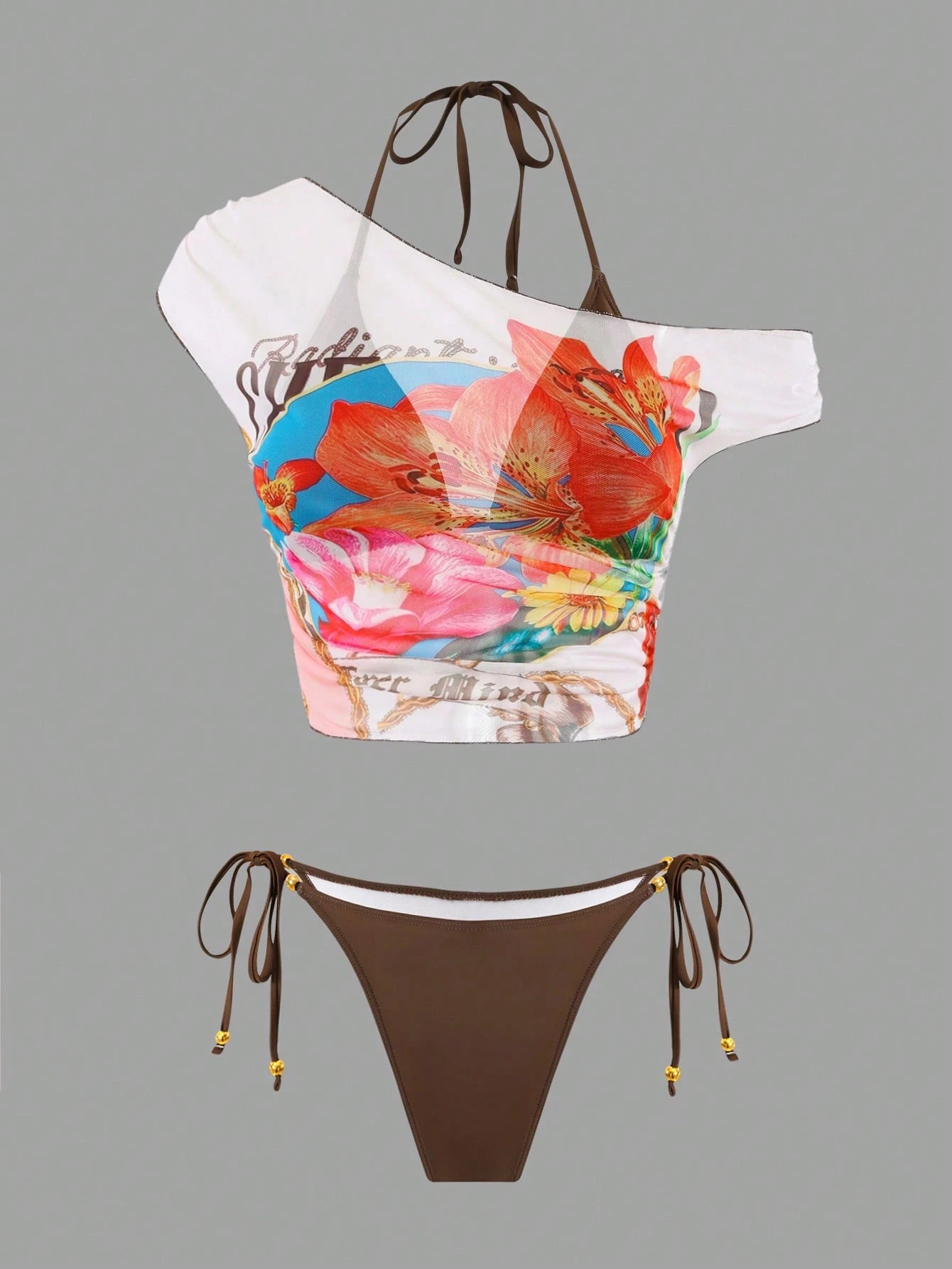 Bonvoyette Women 3-Piece White Floral Bikini Set,Brown Halter