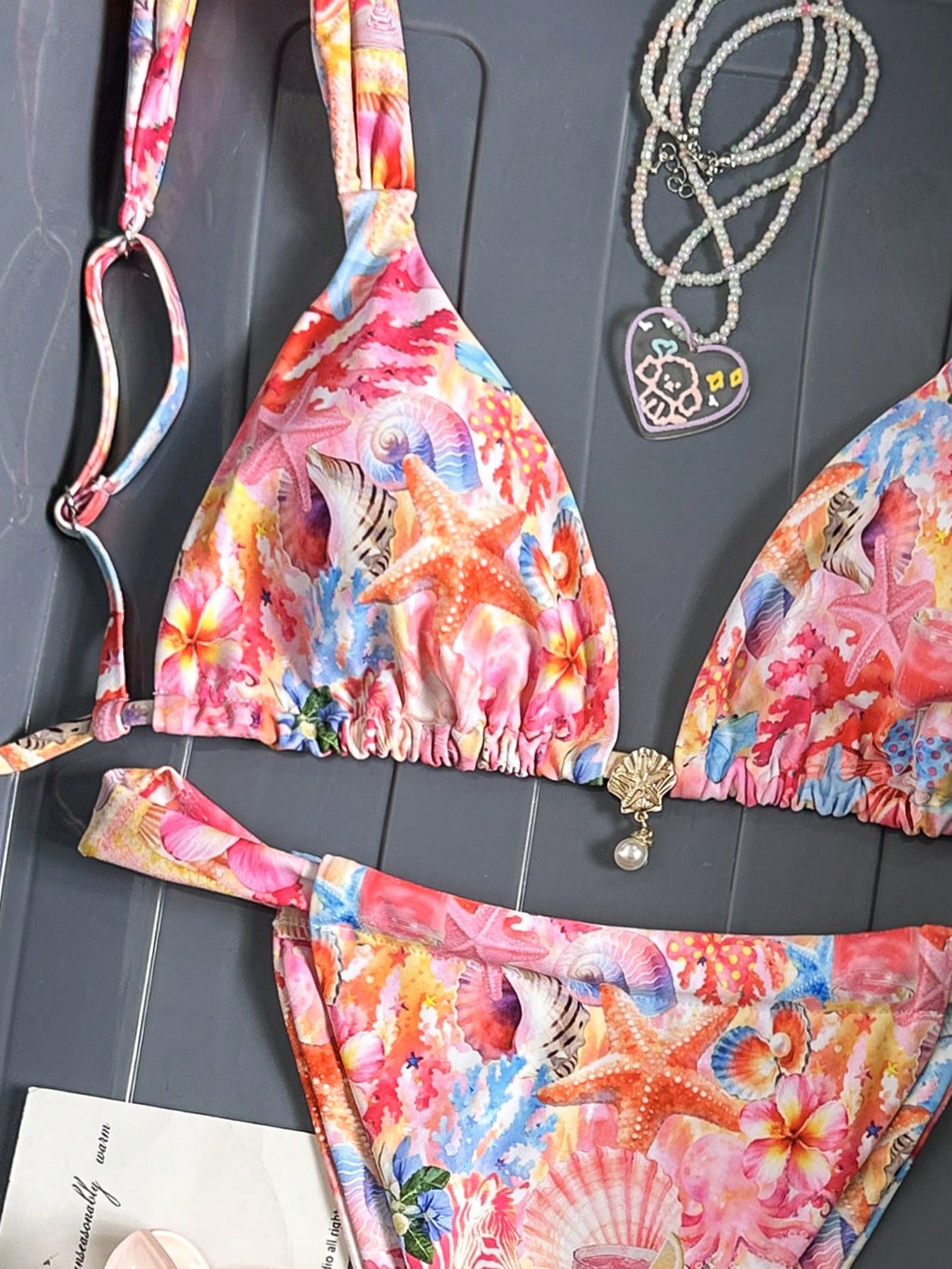 Swim Mod 2 Pieces Set,Cherry Print Halter Triangle Bikini Top And Red