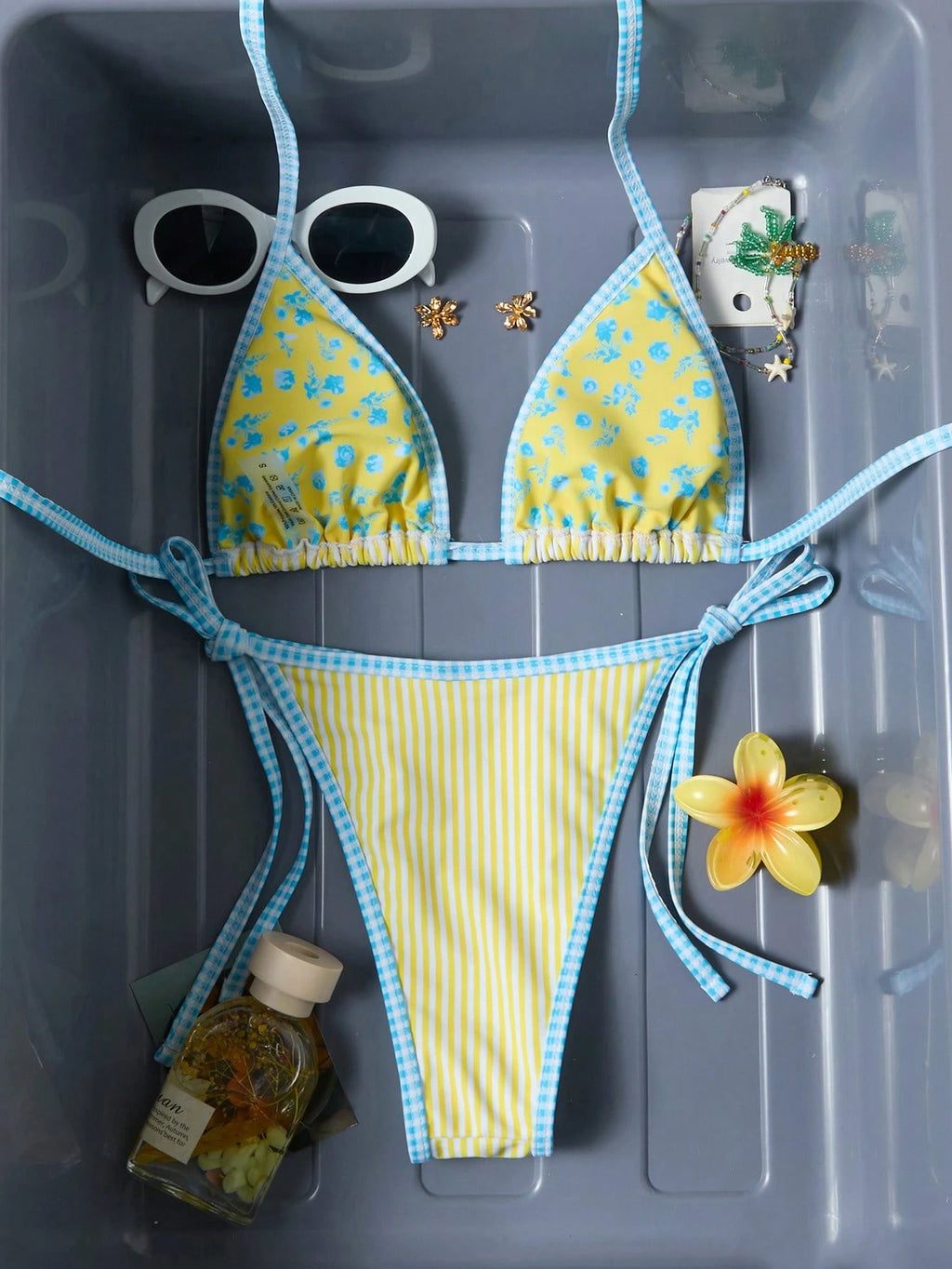 Swim Mod Women's Halter Bikini Two Pieces Swimwear Striped Gingham