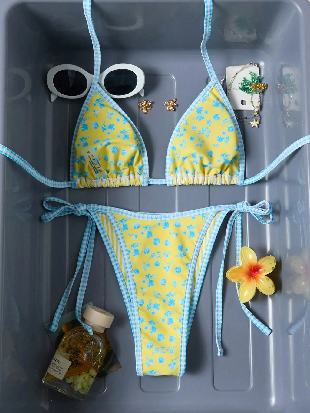 Swim Mod Women's Halter Bikini Two Pieces Swimwear Striped Gingham