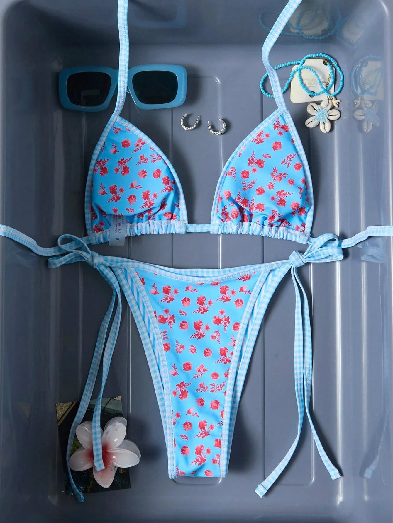 Swim Mod Women's Halter Bikini Two Pieces Swimwear Striped Gingham