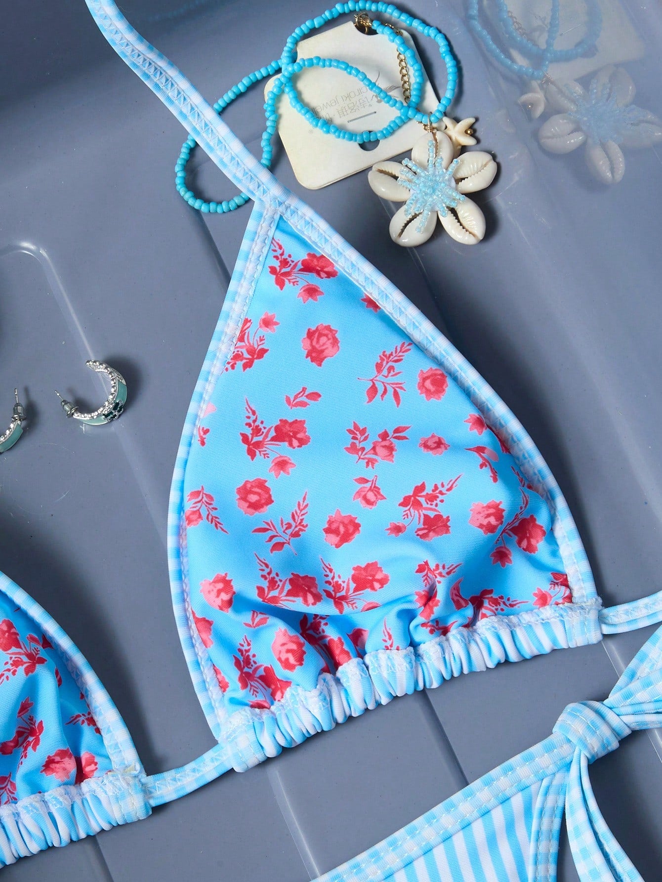 Swim Mod Women's Halter Bikini Two Pieces Swimwear Striped Gingham