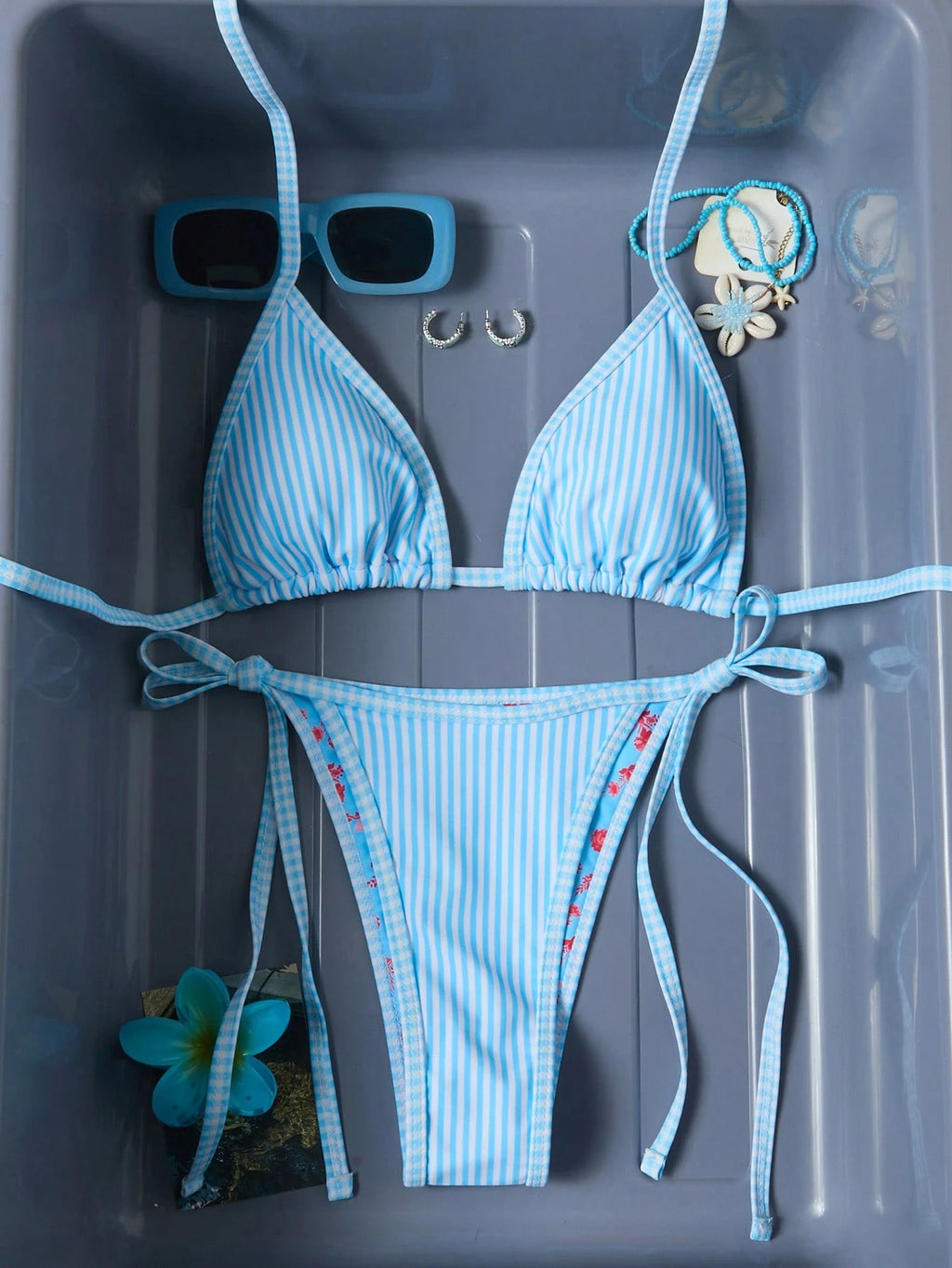 Swim Mod Women's Halter Bikini Two Pieces Swimwear Striped Gingham