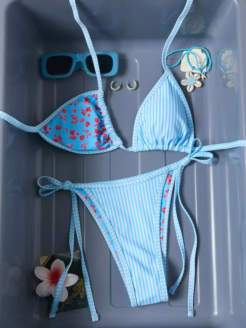 Swim Mod Women's Halter Bikini Two Pieces Swimwear Striped Gingham