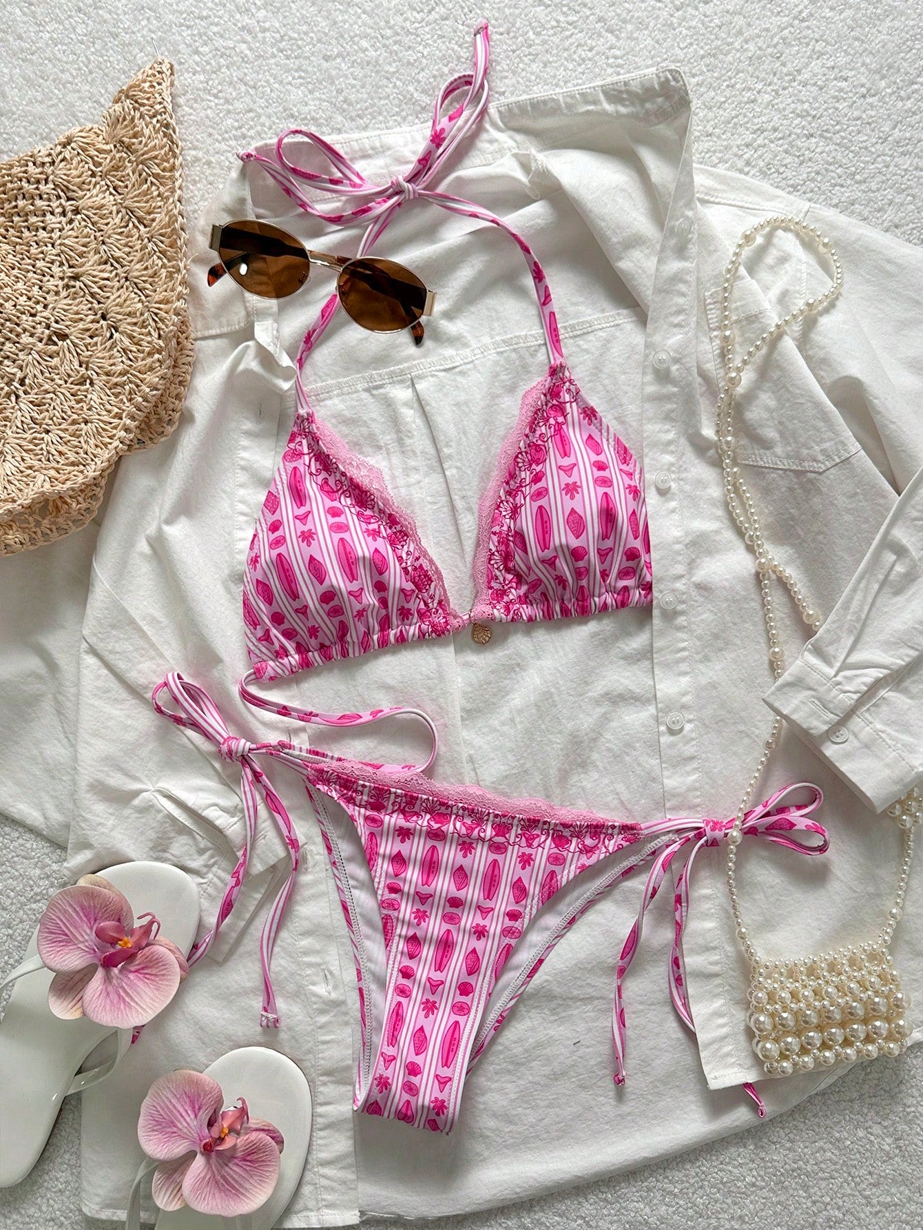 Swim Mod Women's 2-Piece Bikini Set Set, Striped & Floral Print, Lace