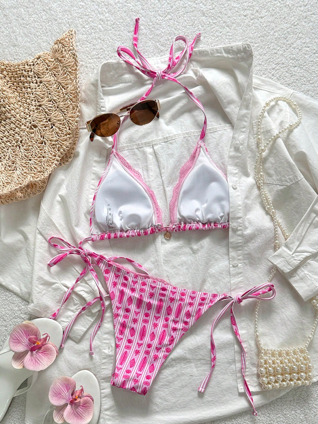 Swim Mod Women's 2-Piece Bikini Set Set, Striped & Floral Print, Lace