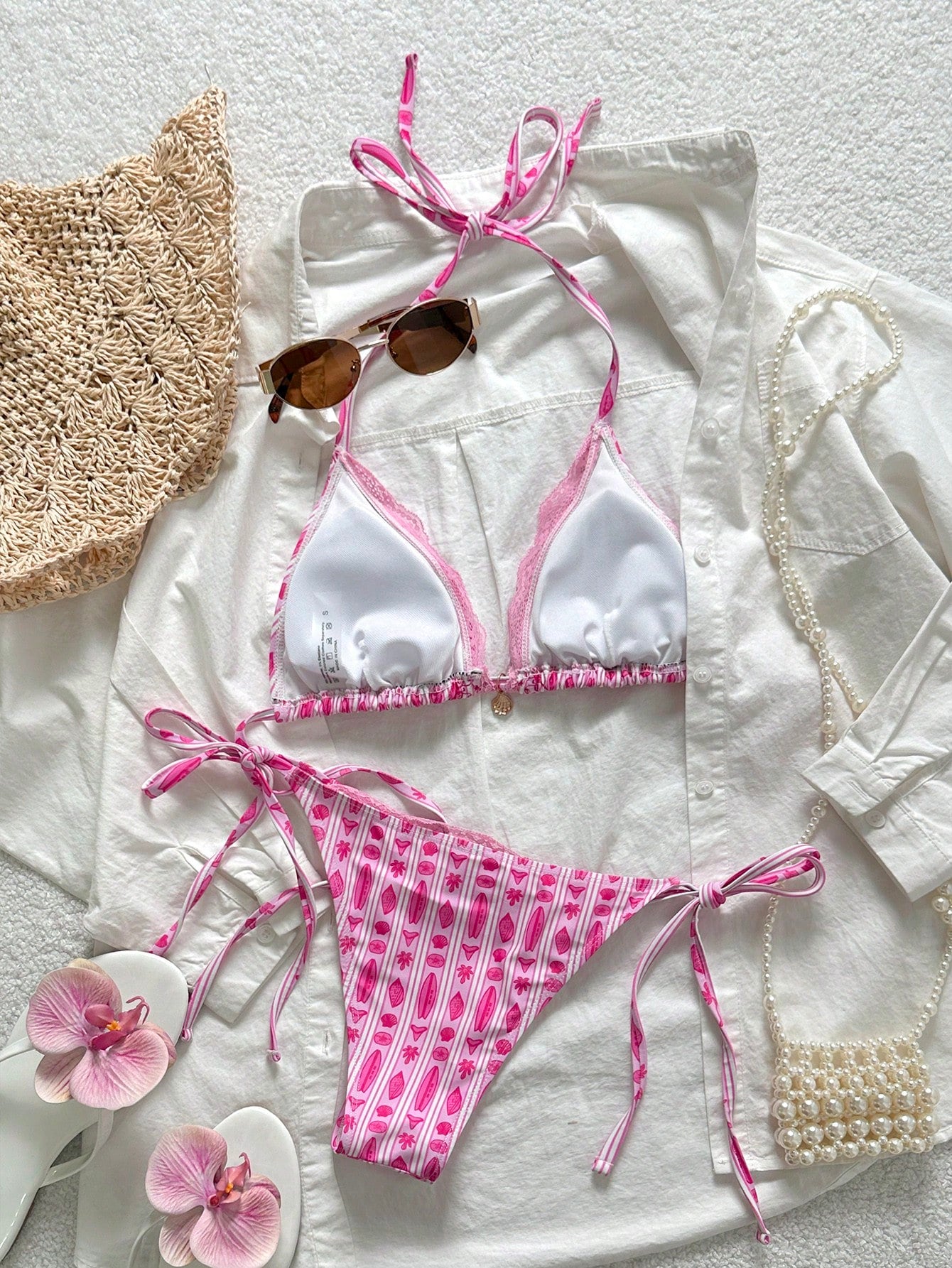 Swim Mod Women's 2-Piece Bikini Set Set, Striped & Floral Print, Lace
