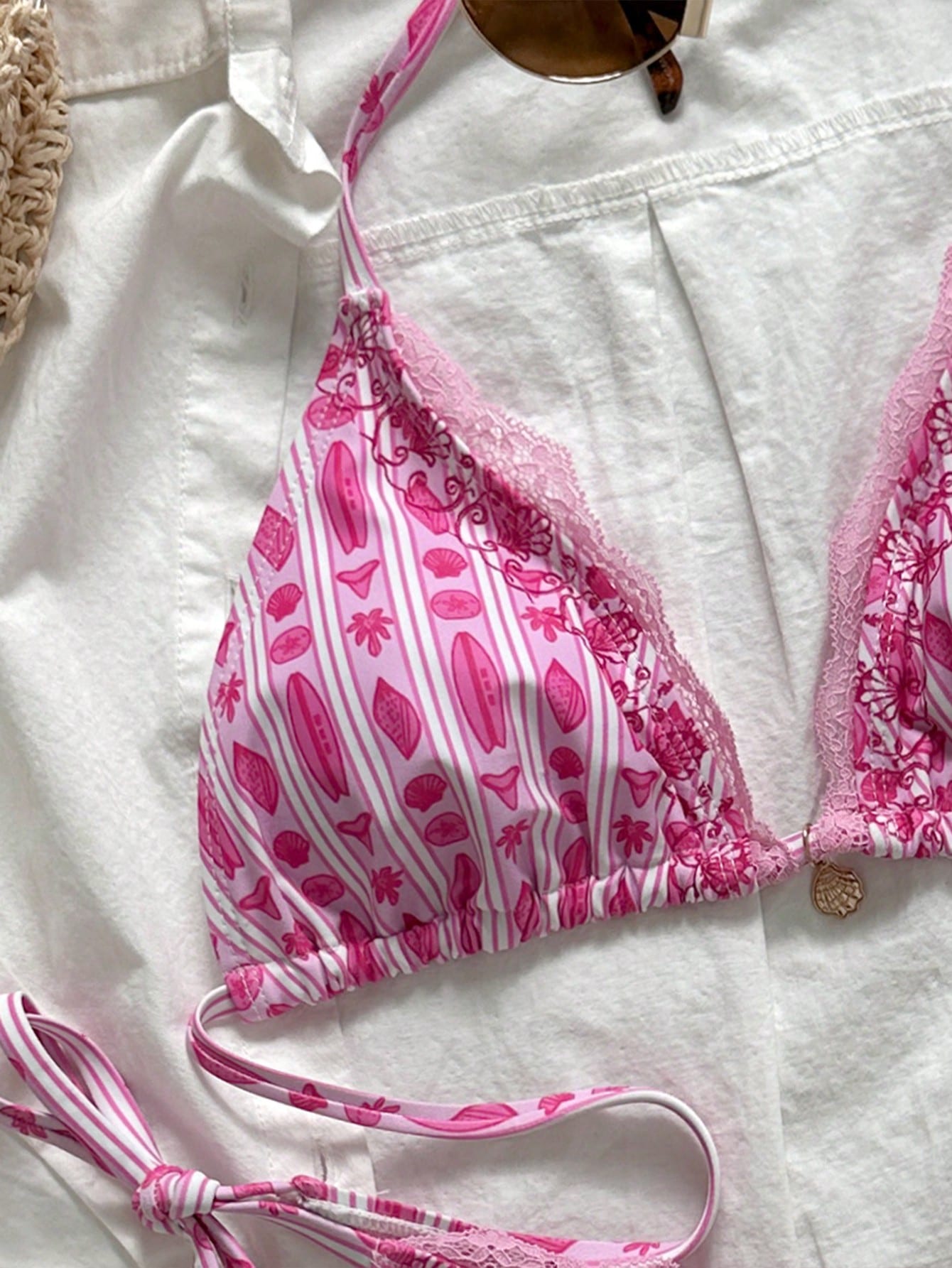 Swim Mod Women's 2-Piece Bikini Set Set, Striped & Floral Print, Lace