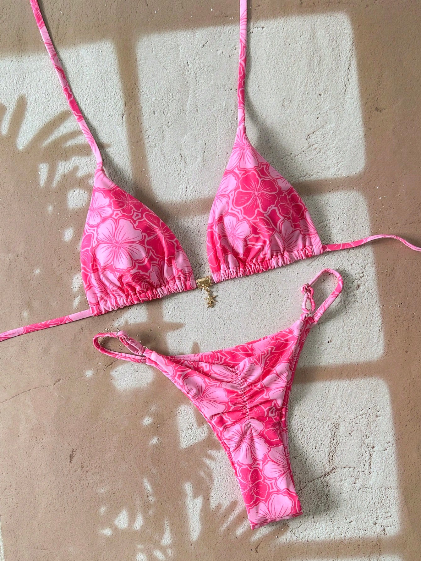 Swim Mod Multicolor Fabric Tropical Halter Bikini Set Knot Tie Side