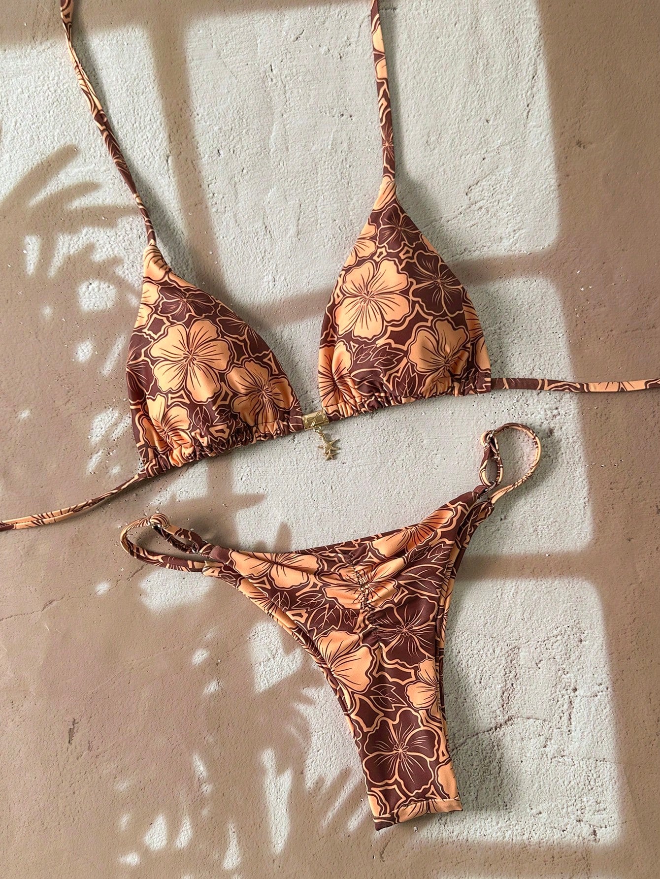 Swim Mod Multicolor Fabric Tropical Halter Bikini Set Knot Tie Side
