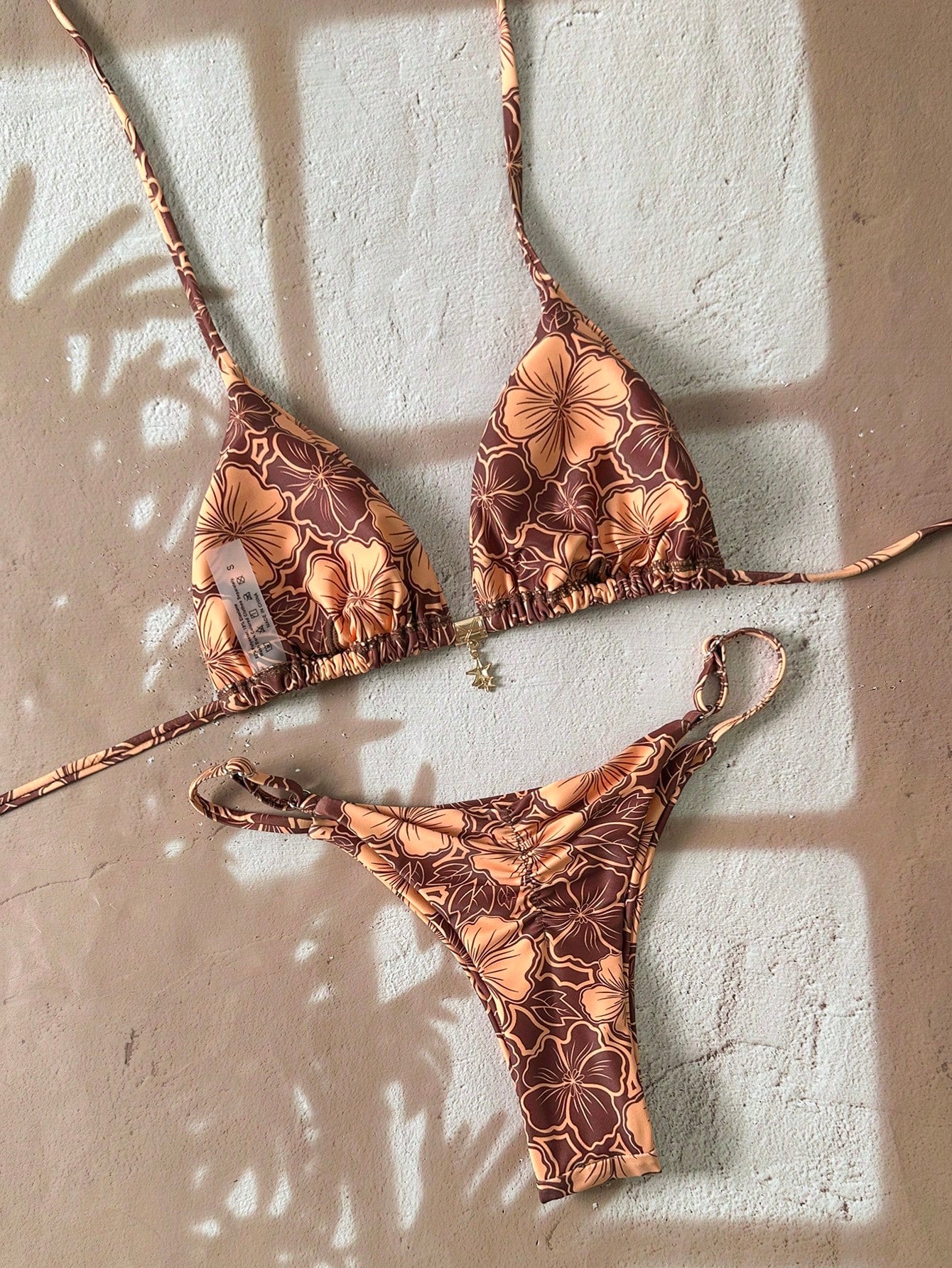 Swim Mod Multicolor Fabric Tropical Halter Bikini Set Knot Tie Side