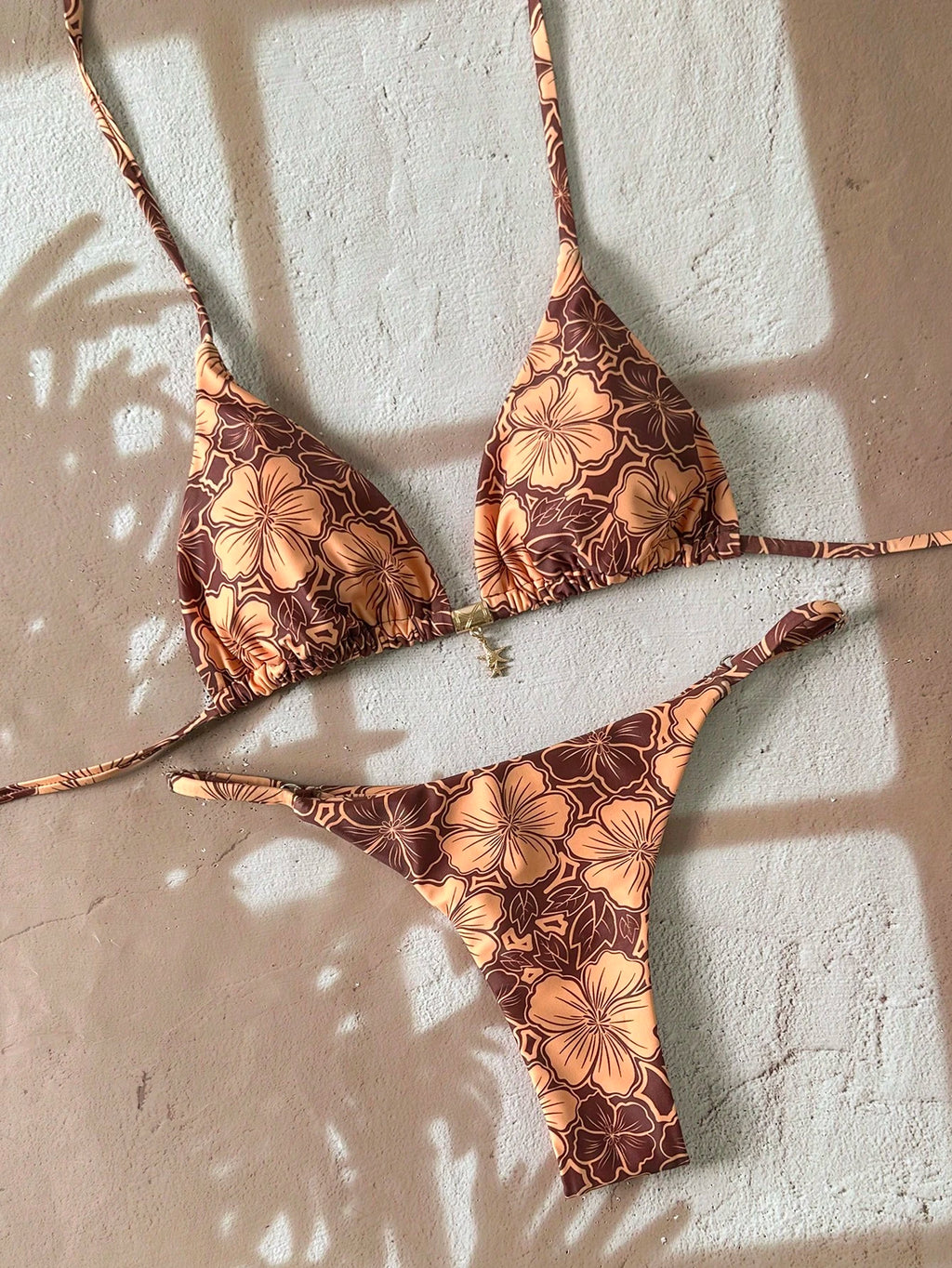 Swim Mod Multicolor Fabric Tropical Halter Bikini Set Knot Tie Side