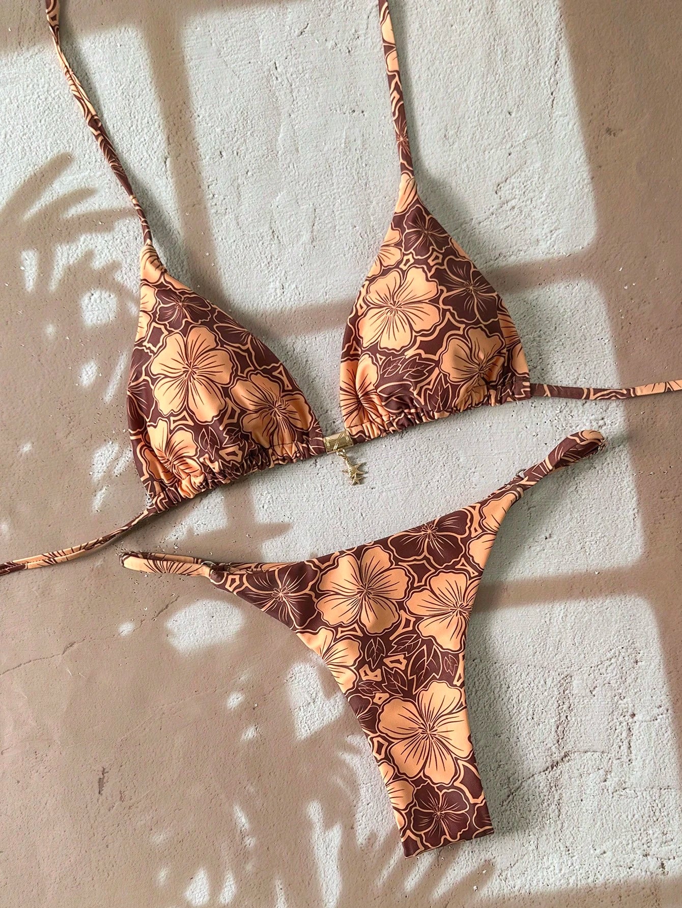 Swim Mod Multicolor Fabric Tropical Halter Bikini Set Knot Tie Side