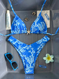 Swim Mod Multicolor Halter Tie Back Bikini Set For Women Tropical Print High Cut