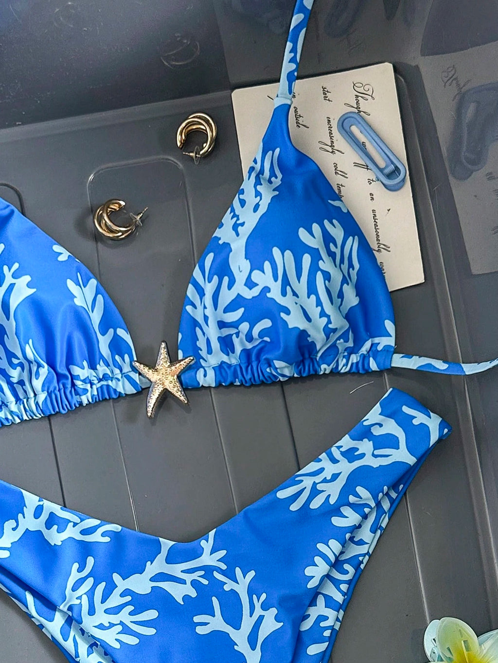 Swim Mod Multicolor Halter Tie Back Bikini Set For Women Tropical Print High Cut