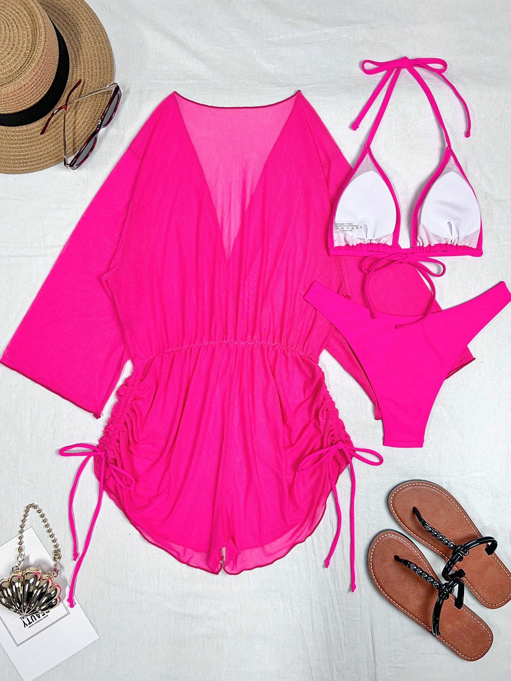 Swim Lushoire Women's Summer New Solid Color 3 Pieces Set Halter Bikini Low-Waist Triangle Panty Mesh Romper - image 2