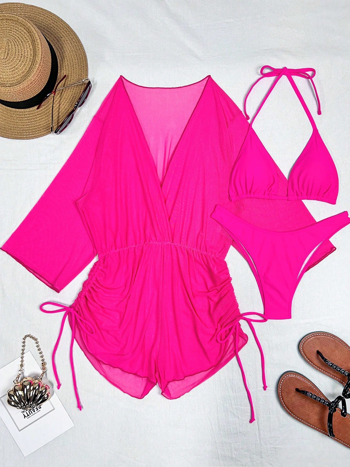 Swim Lushoire Women's Summer New Solid Color 3 Pieces Set Halter Bikini Low-Waist Triangle Panty Mesh Romper - image 3