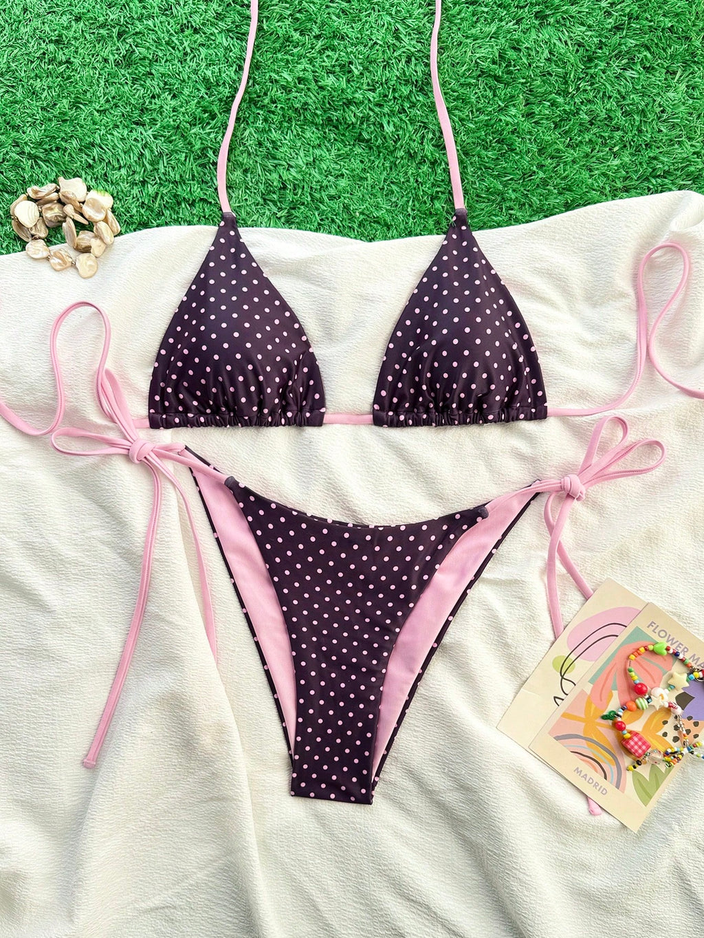 Swim Mod Women 2pcs Set Polka Dot Bikini Set,Spaghetti Strap Backless