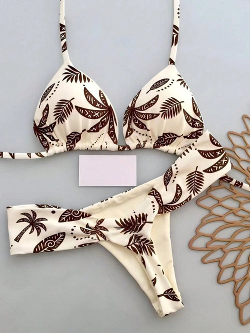 2pcs Casual Cute Elegant Sexy Bohemian Floral Tie-Up Braided Bikini Swimwear, Beach Vacation, Spring/Summer