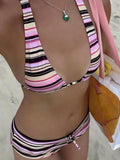 New Sexy Striped Print Backless Bow Bikini Set, Summer Beach