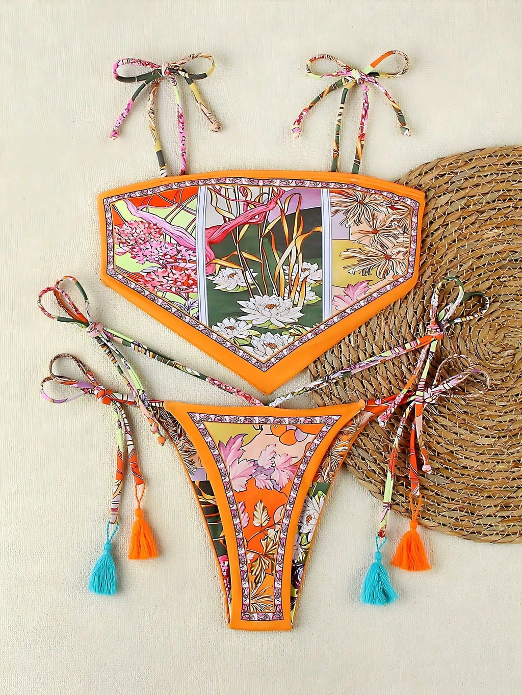 Spring/Summer New Bohemian Style Green Lace-Up Bikini, Elegant Sexy Casual Floral Print With Contrast Trim, - image 3