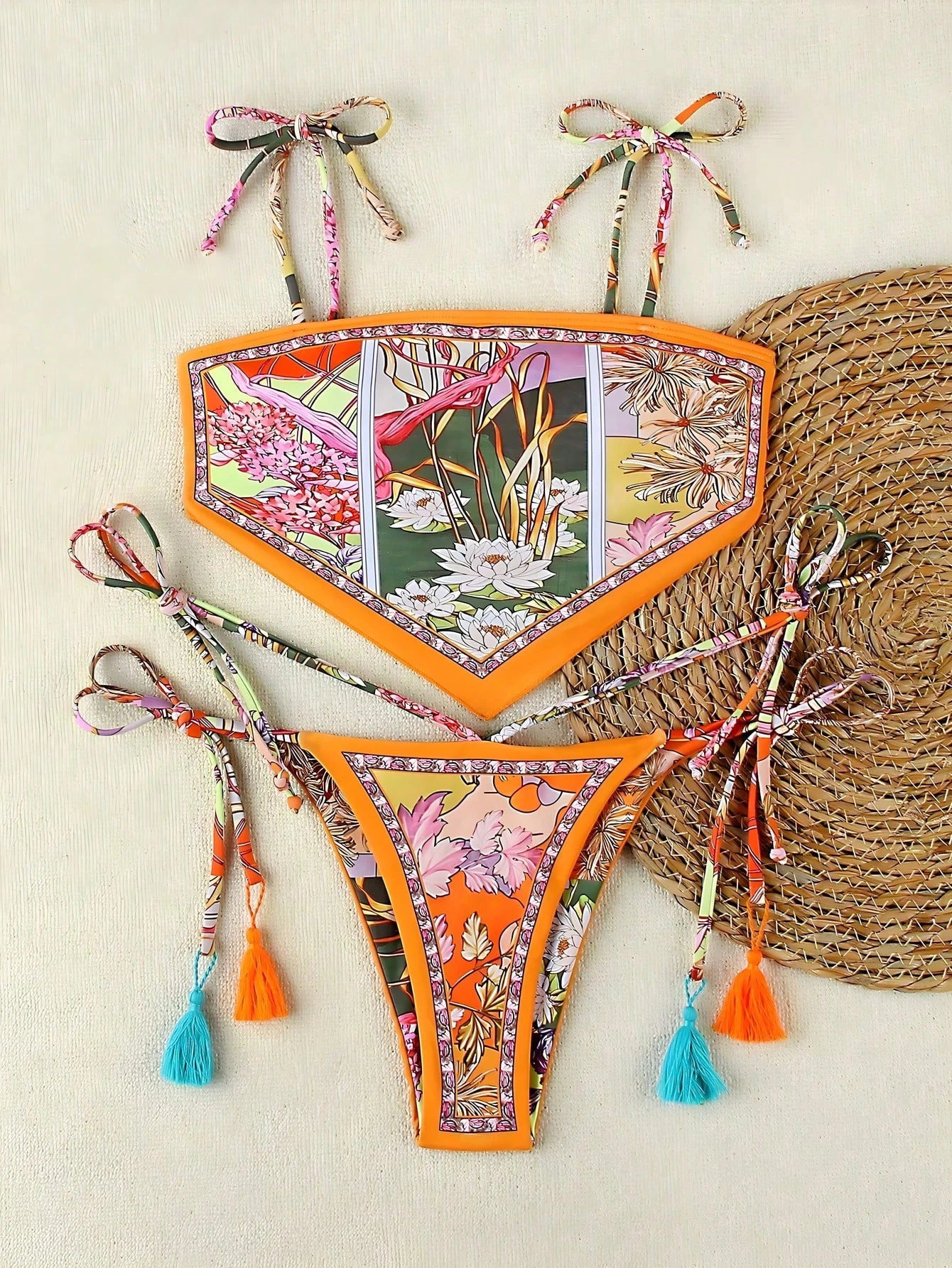 Spring/Summer New Bohemian Style Green Lace-Up Bikini, Elegant Sexy Casual Floral Print With Contrast Trim, - image 3