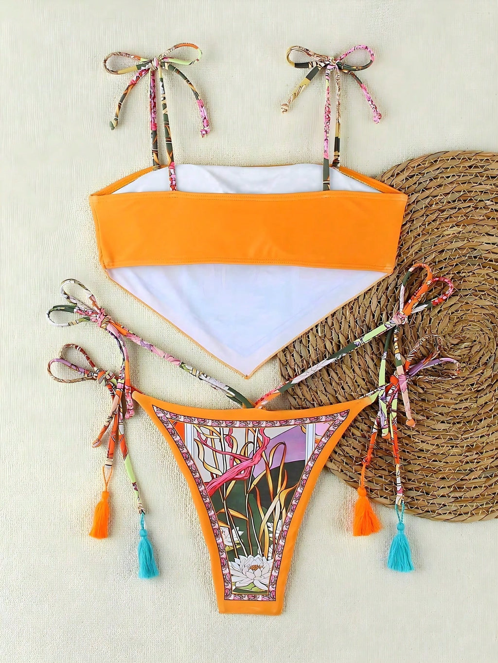 Spring/Summer New Bohemian Style Green Lace-Up Bikini, Elegant Sexy Casual Floral Print With Contrast Trim, - image 4