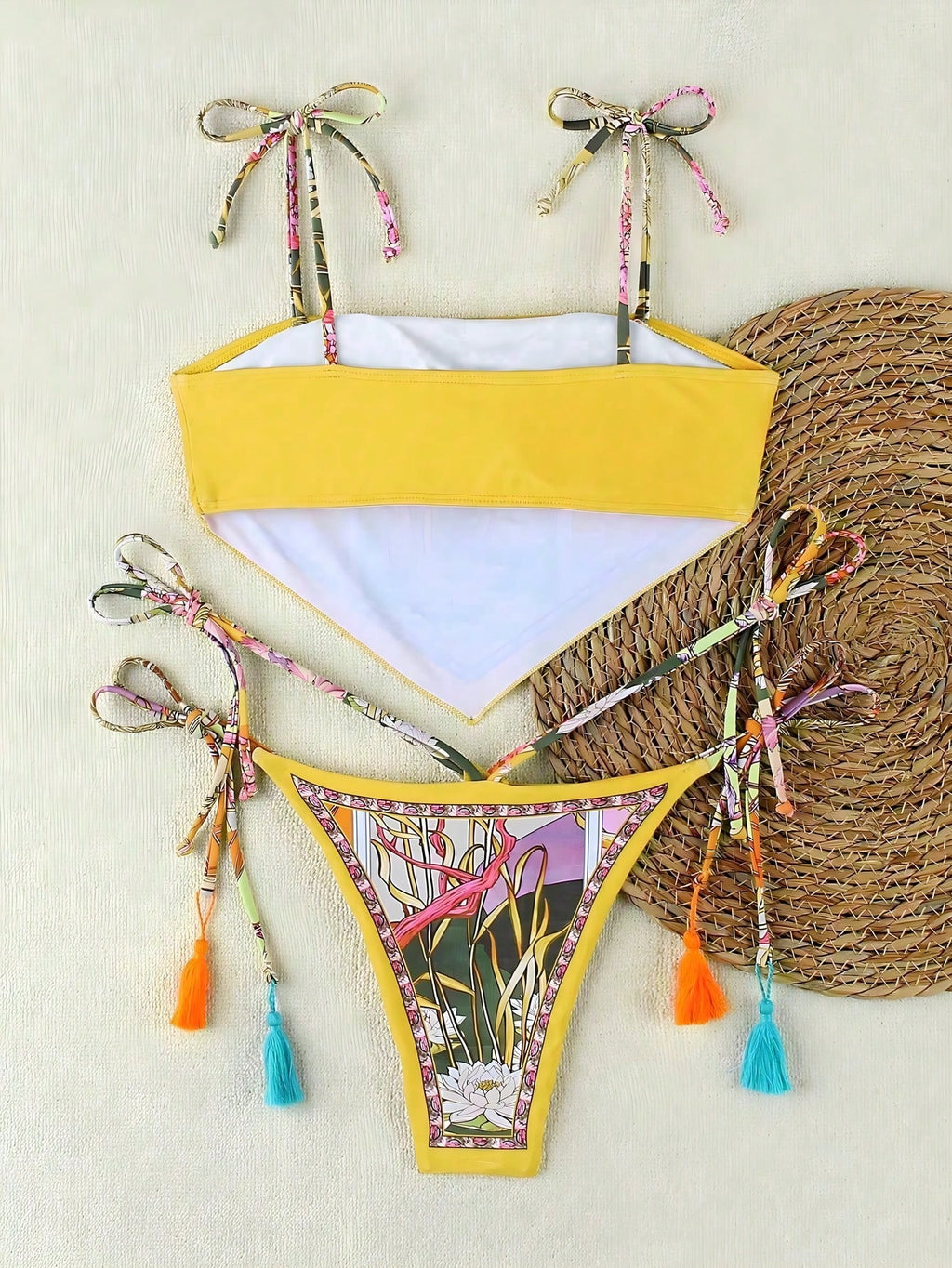 Spring/Summer New Bohemian Style Green Lace-Up Bikini, Elegant Sexy Casual Floral Print With Contrast Trim, - image 9