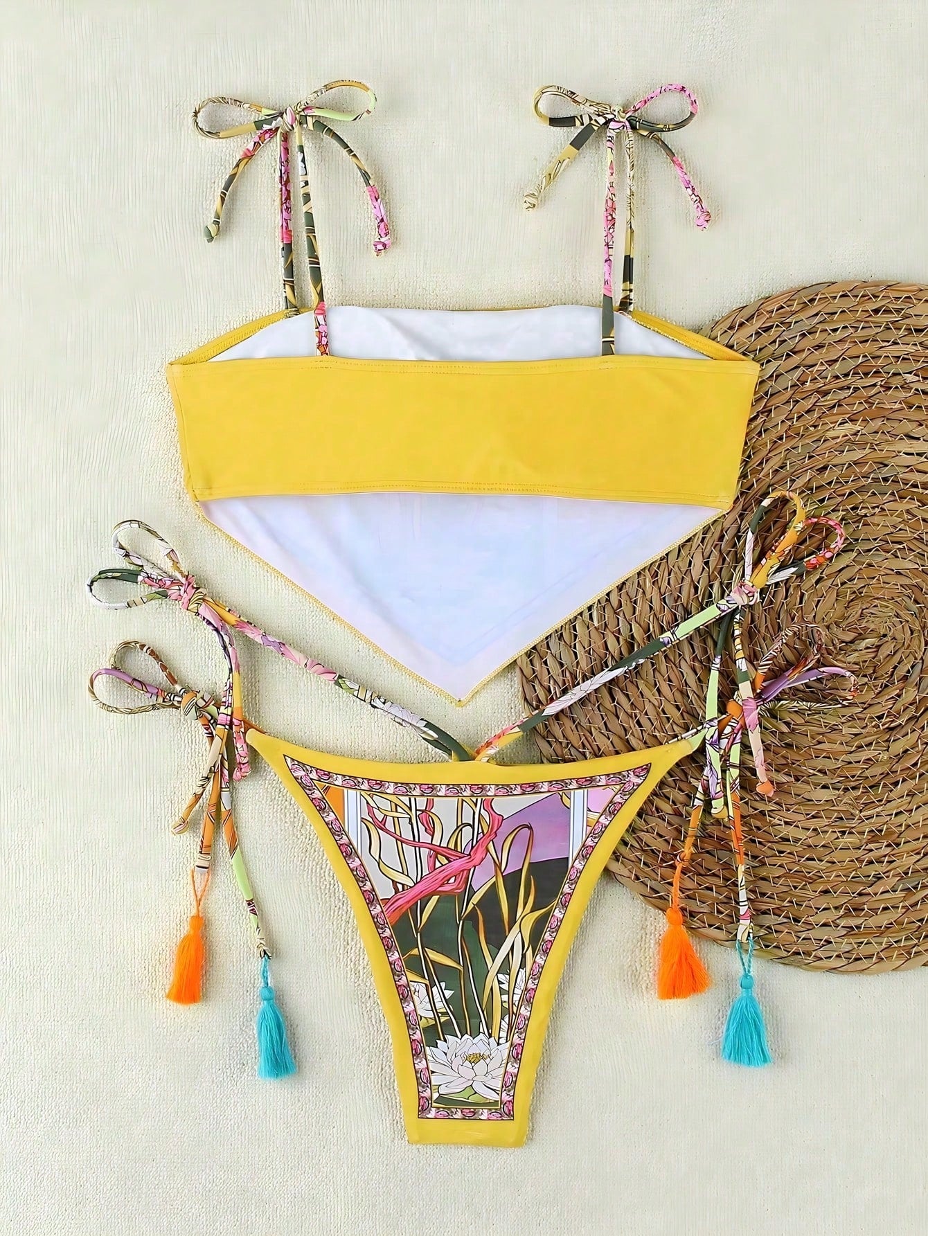 Spring/Summer New Bohemian Style Green Lace-Up Bikini, Elegant Sexy Casual Floral Print With Contrast Trim, - image 9