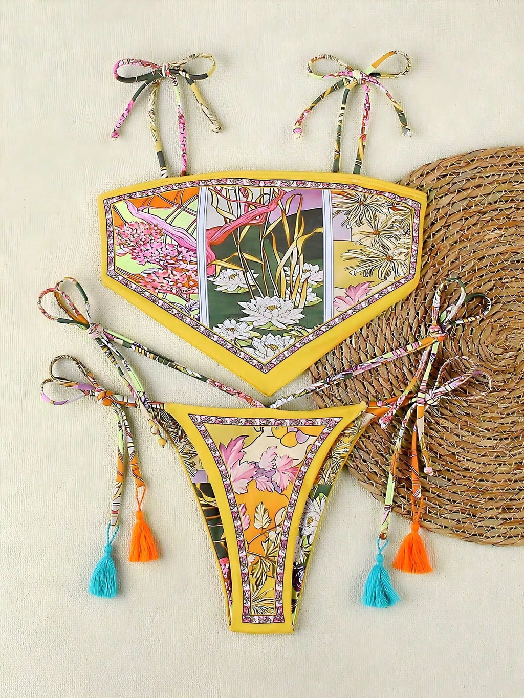 Spring/Summer New Bohemian Style Green Lace-Up Bikini, Elegant Sexy Casual Floral Print With Contrast Trim, - image 8