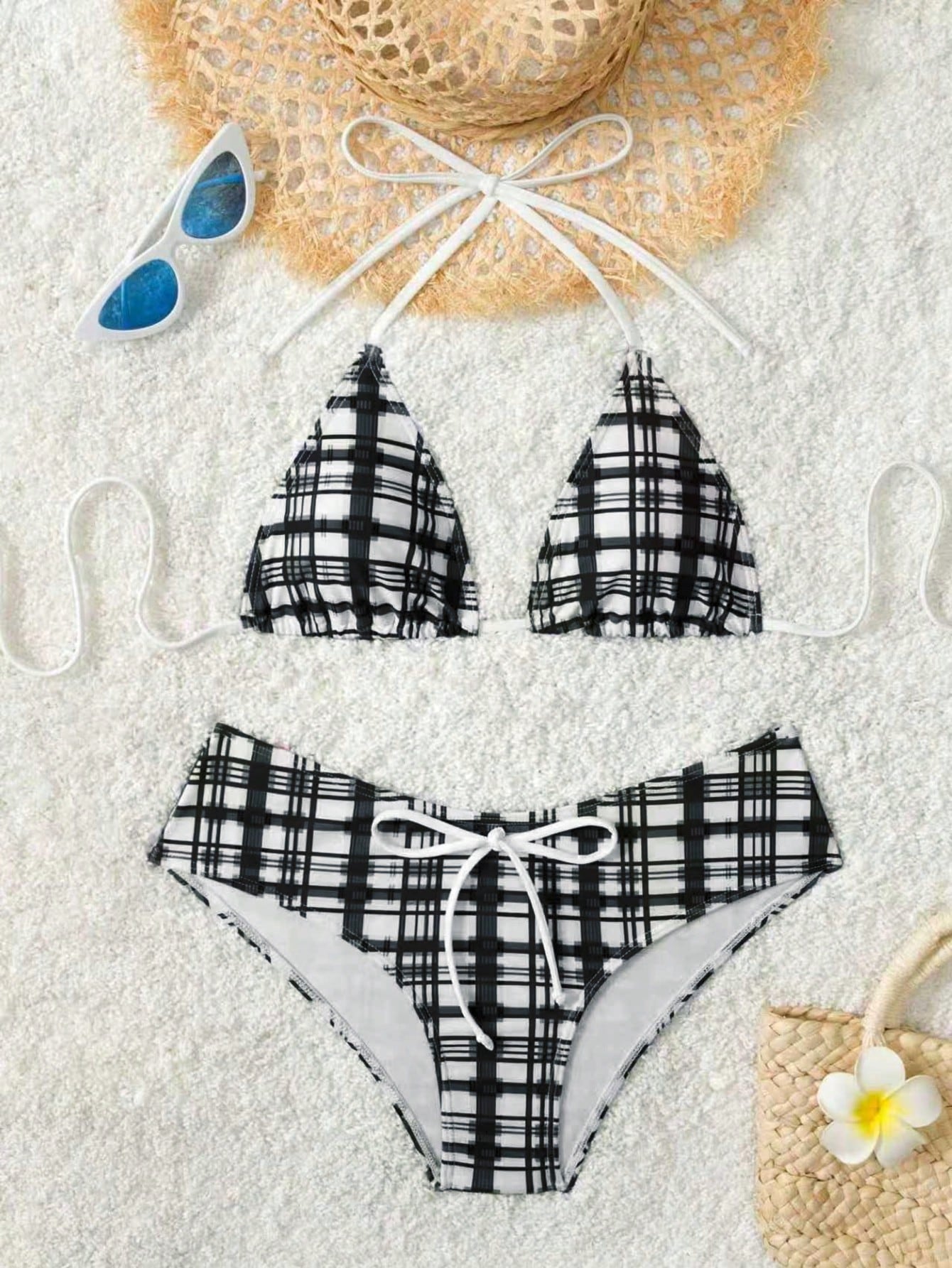 Women's Plaid Print Bikini Set With White Bow Accent, Beach Vacation