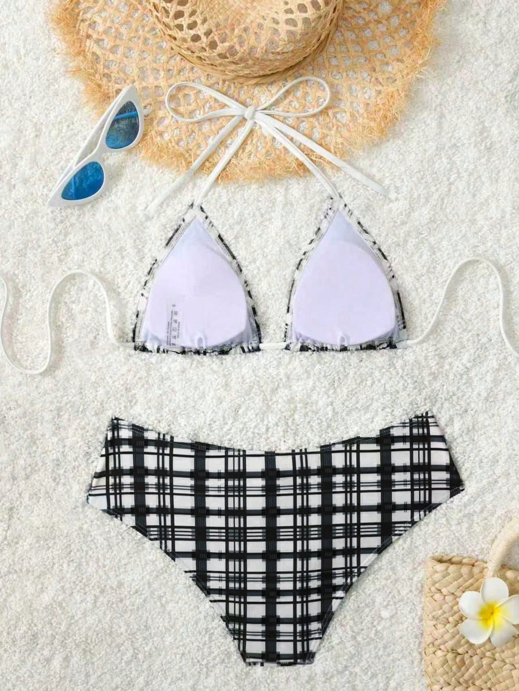 Women's Plaid Print Bikini Set With White Bow Accent, Beach Vacation