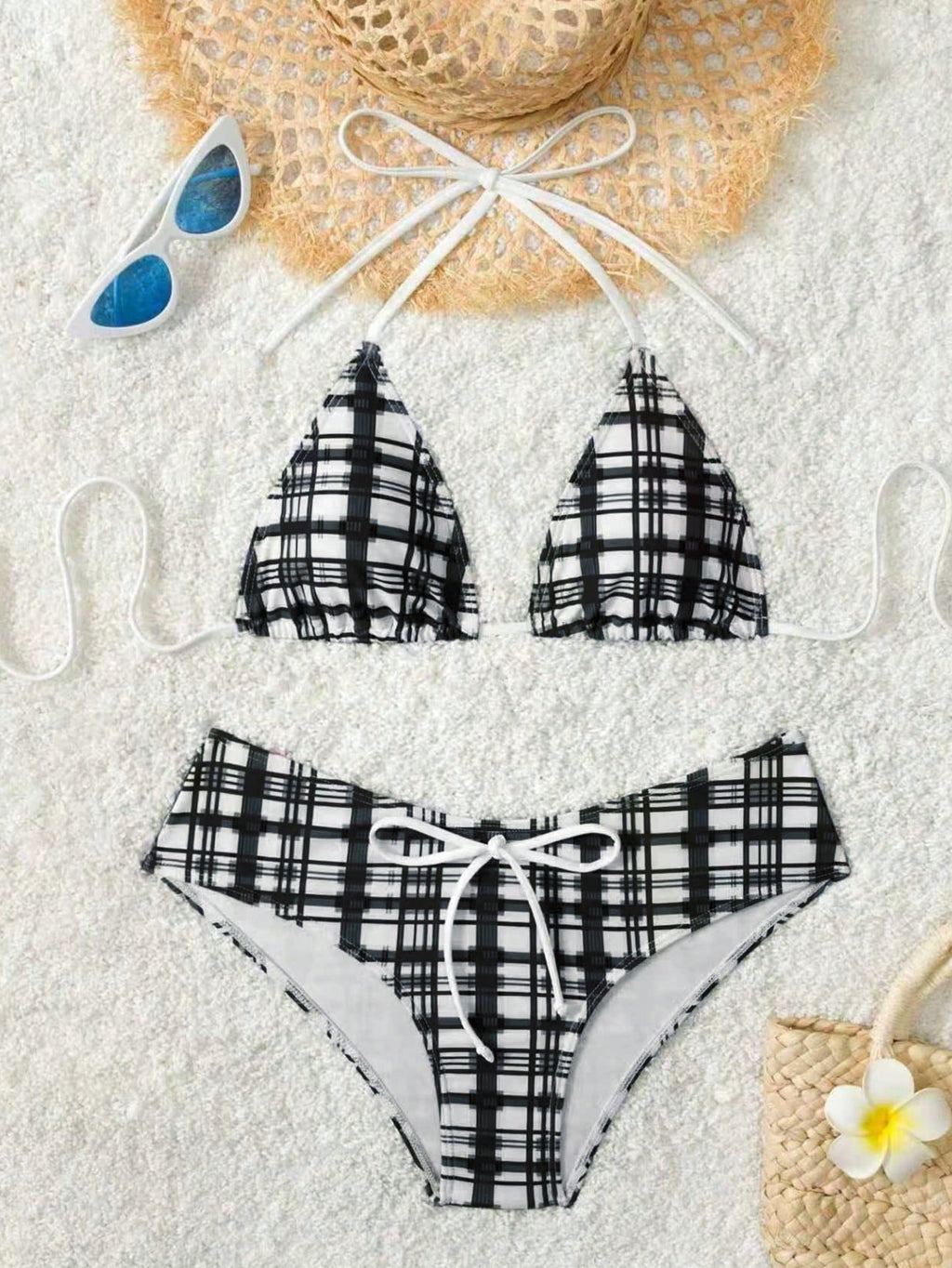 Women's Plaid Print Bikini Set With White Bow Accent, Beach Vacation