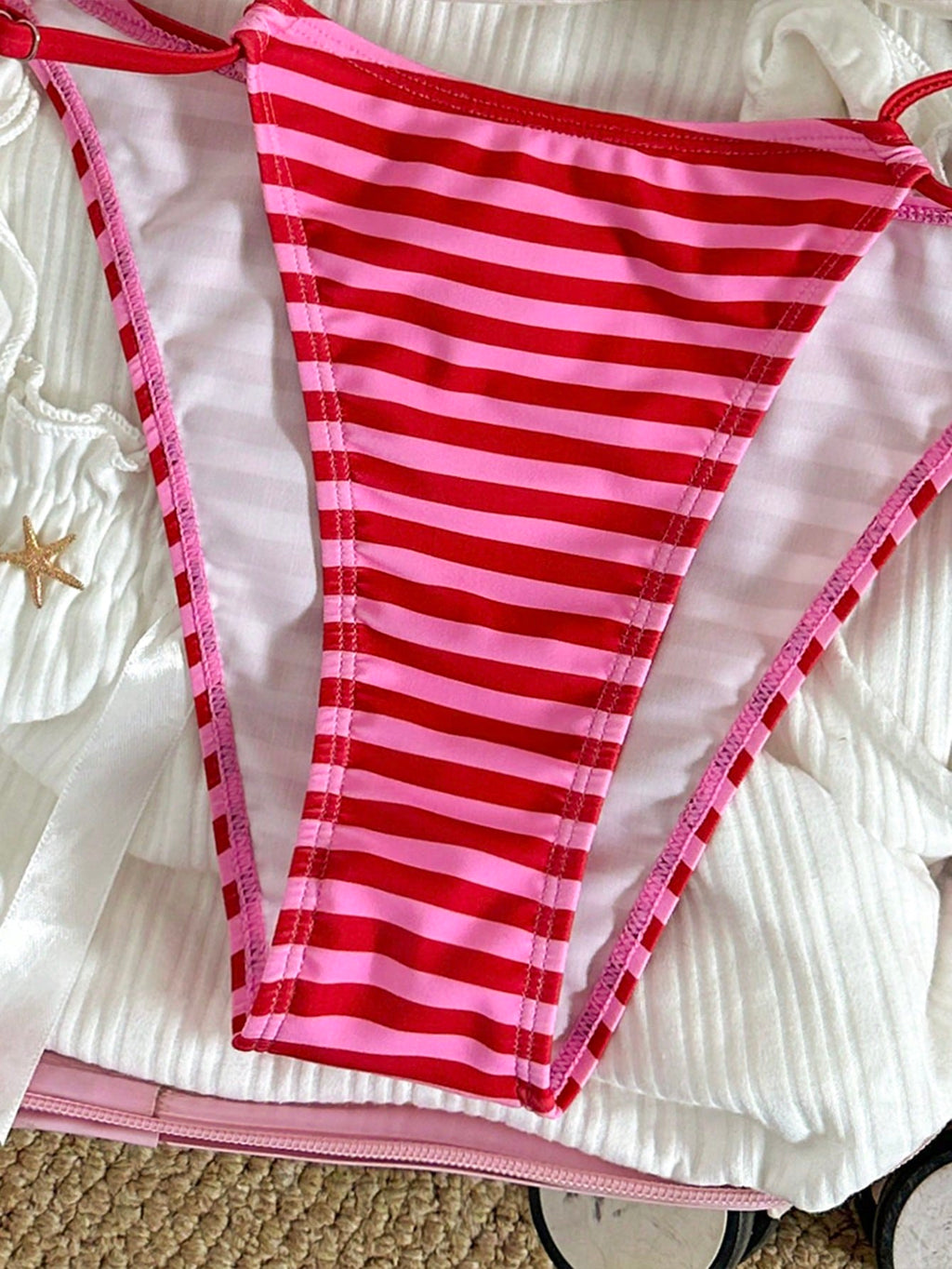 Swim Mod Red Striped Knot Detail Halter Neck Bikini Set For Women