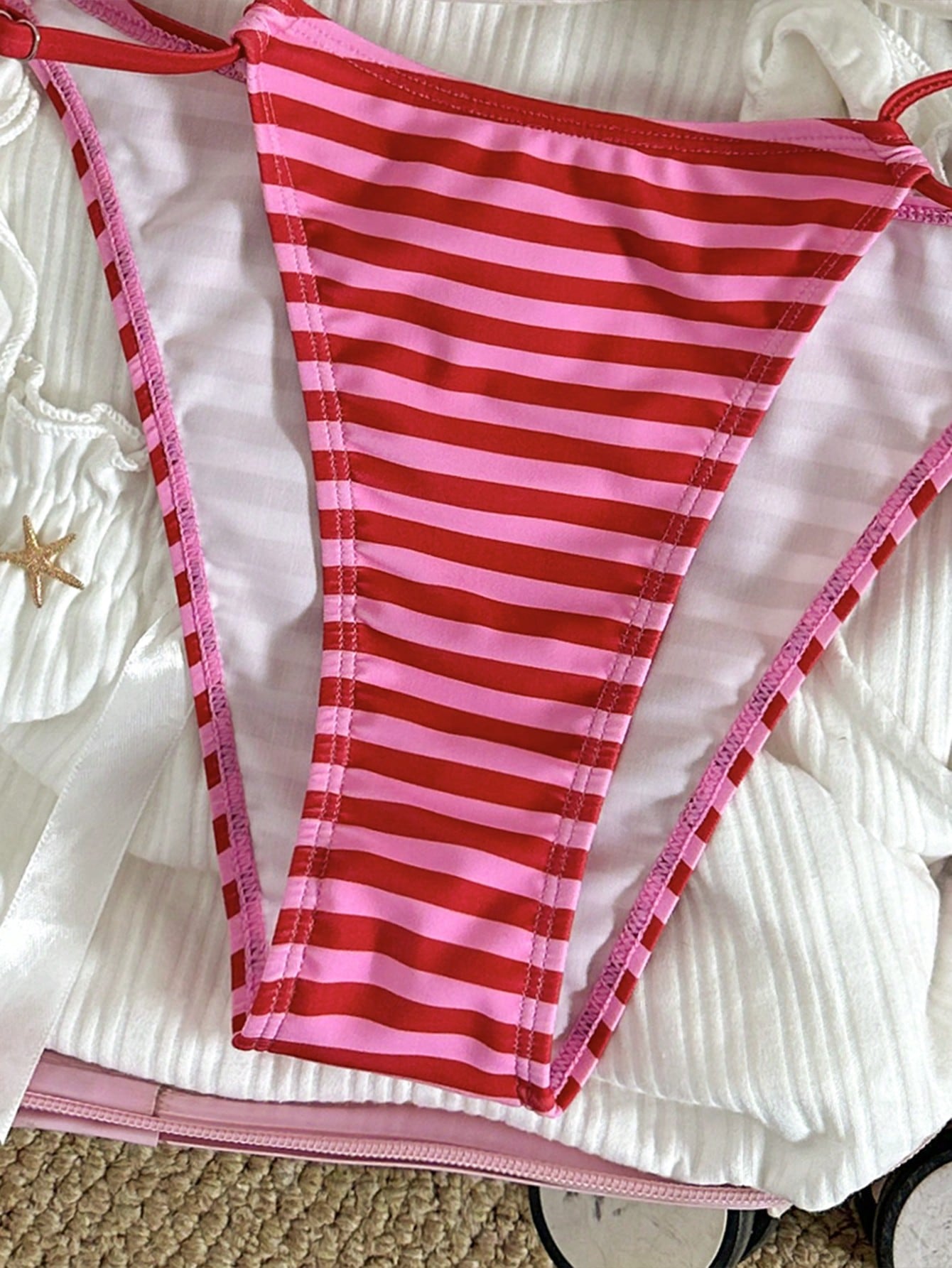 Swim Mod Red Striped Knot Detail Halter Neck Bikini Set For Women