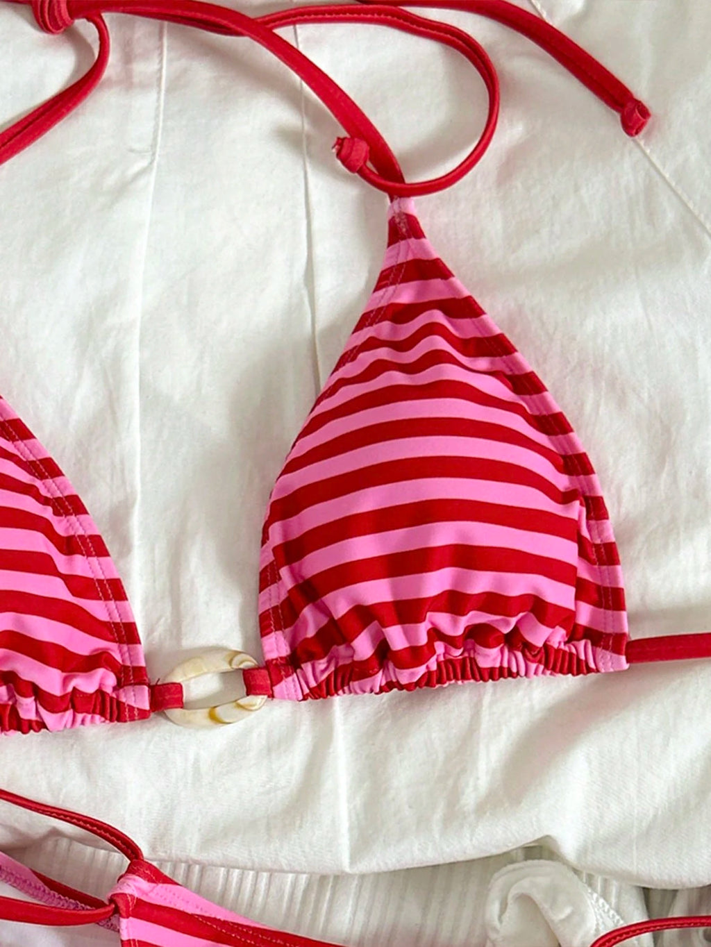 Swim Mod Red Striped Knot Detail Halter Neck Bikini Set For Women