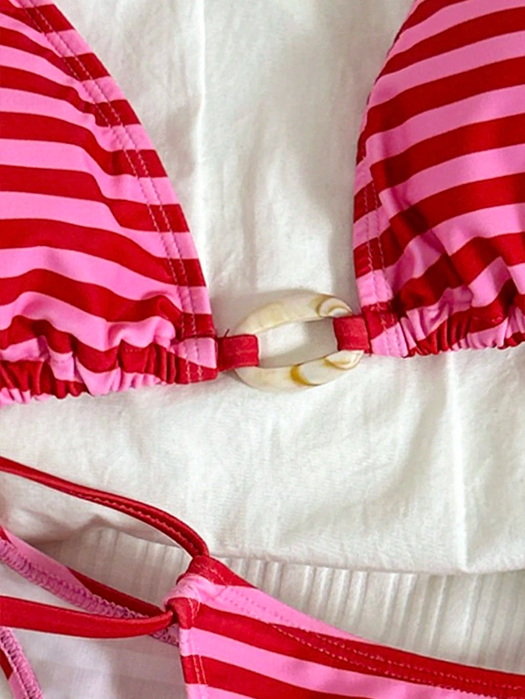 Swim Mod Red Striped Knot Detail Halter Neck Bikini Set For Women