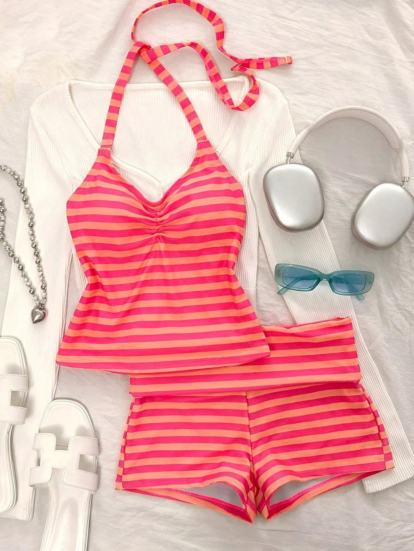 Women's Two-Piece Swimwear, Elegant Sexy Striped Print Short Swim Top