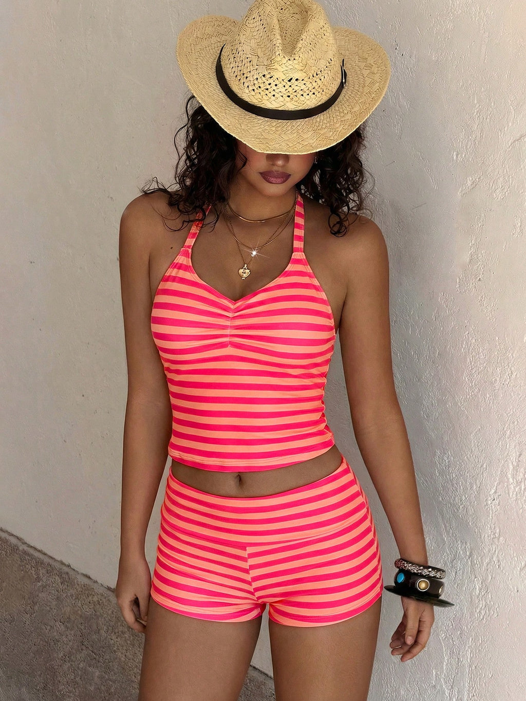 Women's Two-Piece Swimwear, Elegant Sexy Striped Print Short Swim Top