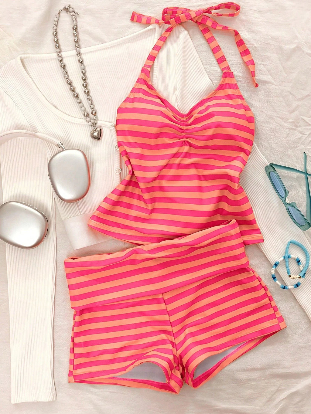 Women's Two-Piece Swimwear, Elegant Sexy Striped Print Short Swim Top