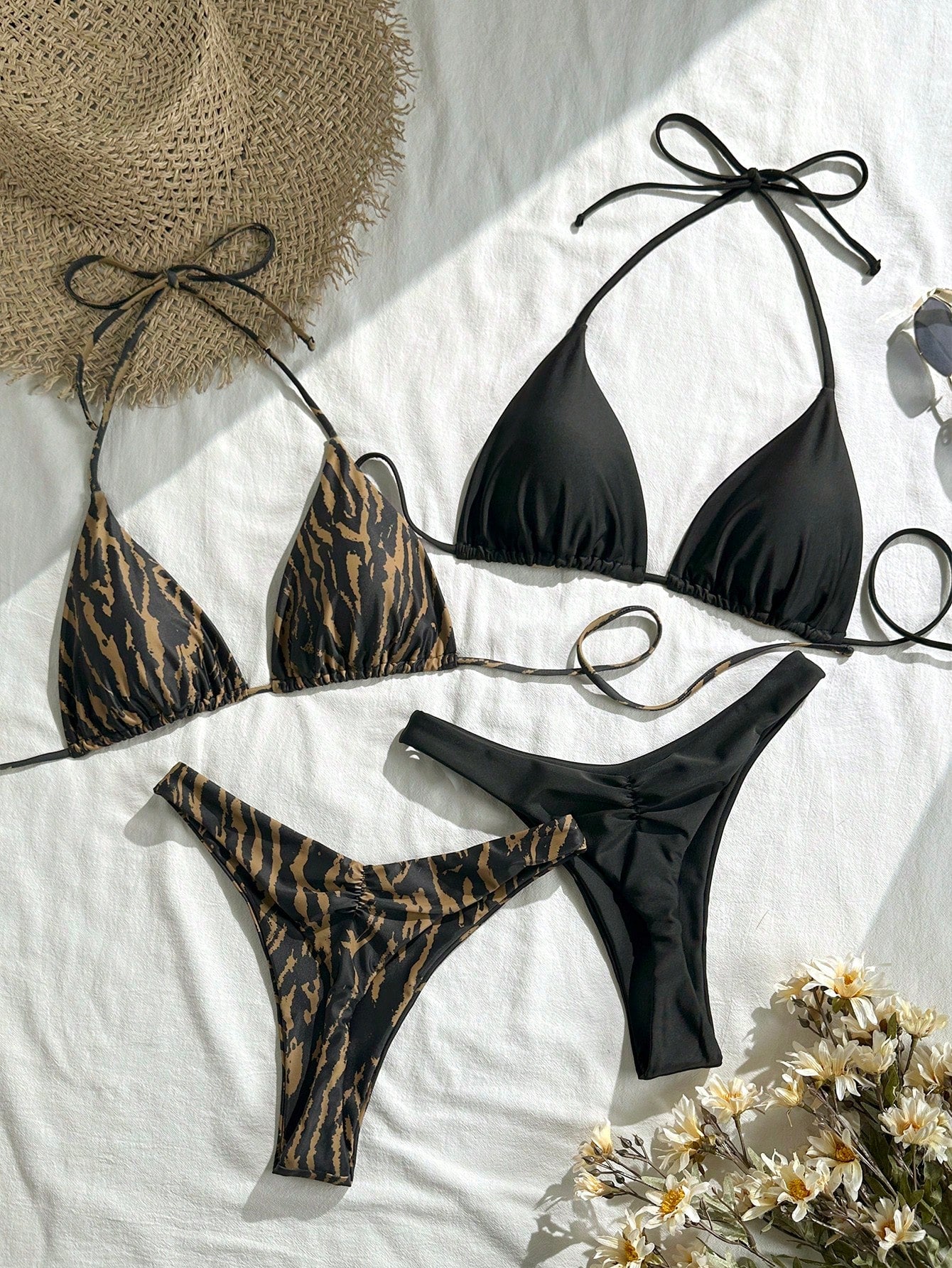 Elavelle 2026 Spring/Summer Brown Striped Beaded 4-Piece Swimwear
