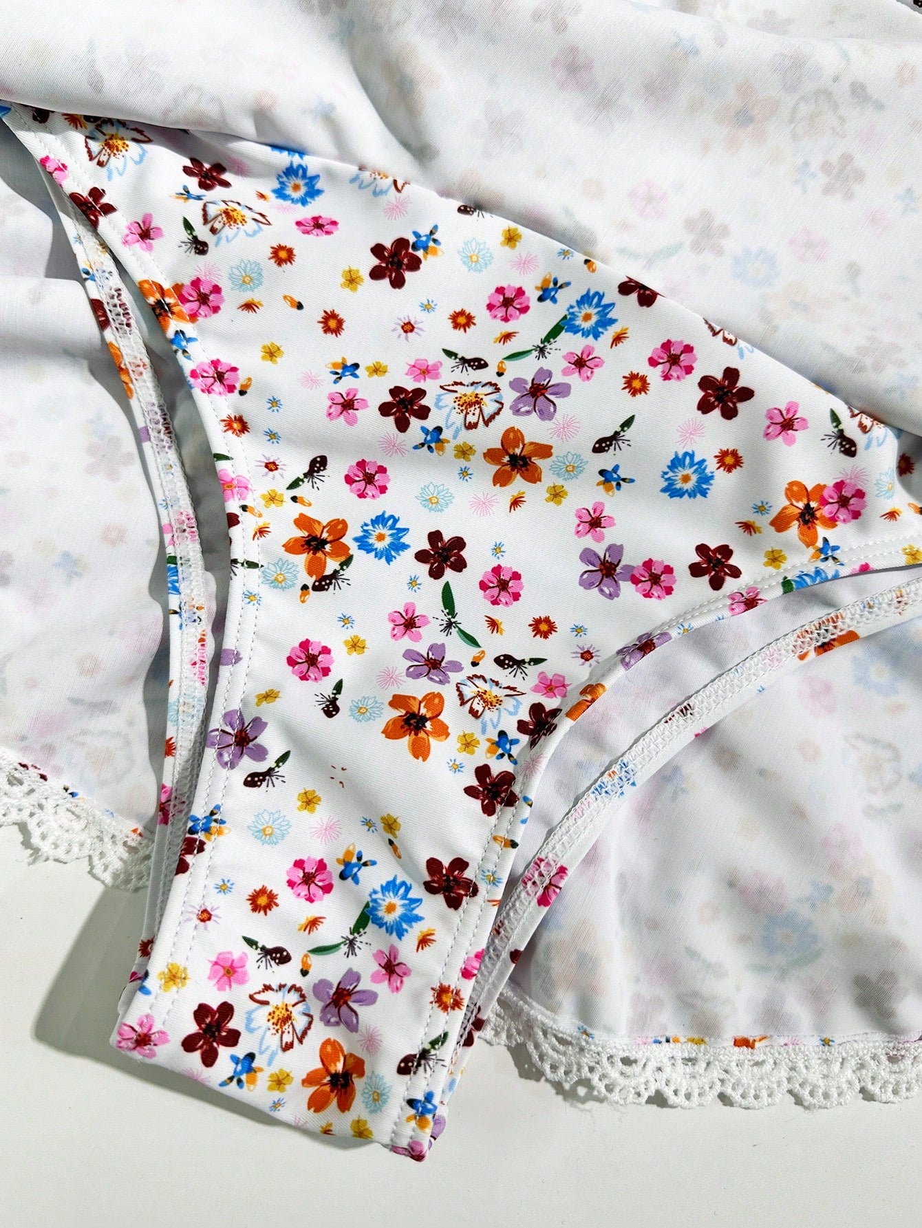 Swim Mod Summer Beach Ditsy Floral Print Bikini Set Frill Trim Knot Front Bra &