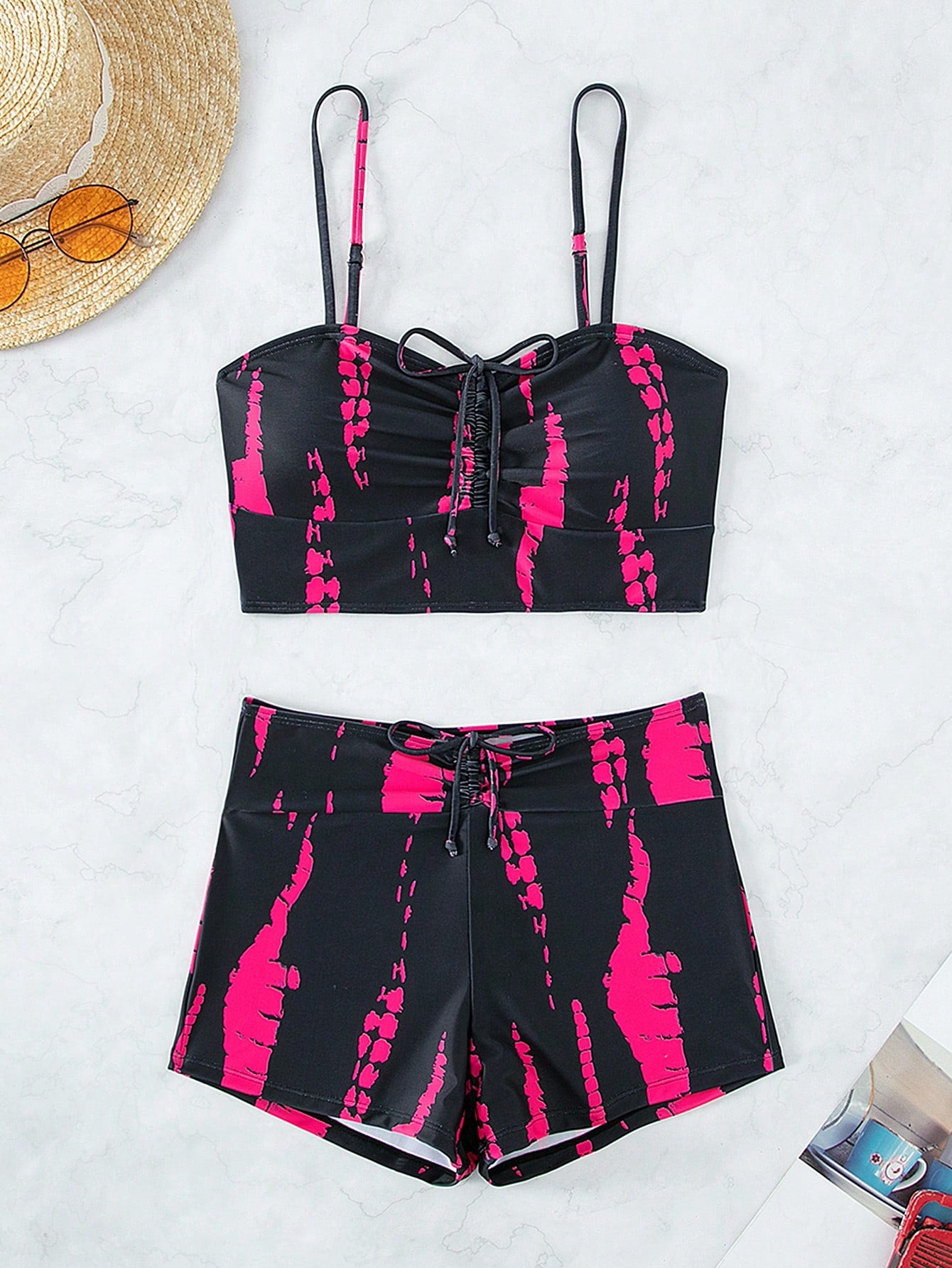Swim Vcay 2pcs/Set New Summer Pink Floral Random Print Casual Vacation Beach Bik